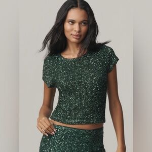 Anthropologie Maeve green blouse  Emerald Sequin Top new small glitter sparkle